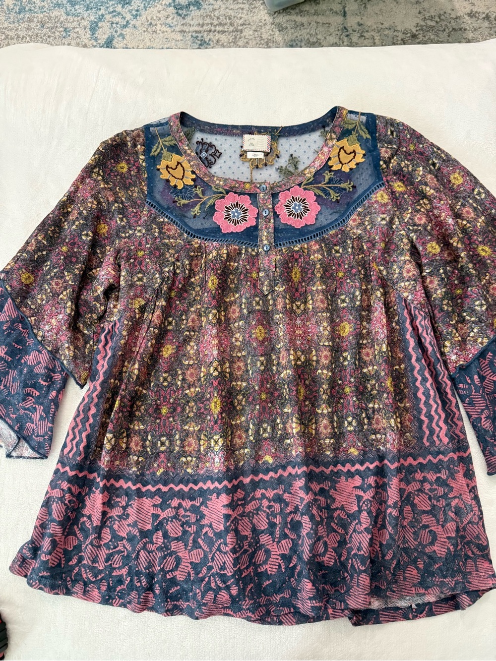 Anthropologie Postmark L Top Ciutadella Embroidered Pink Floral Swing Lace E18
